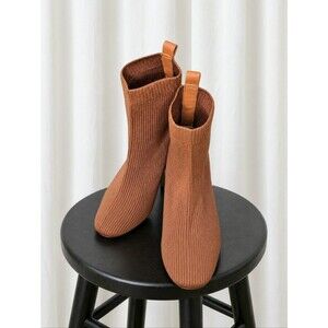 Joie Neely Ribbed Knit Sock Ankle Booties Cognac Stretch Pull On Block Heel Chic
